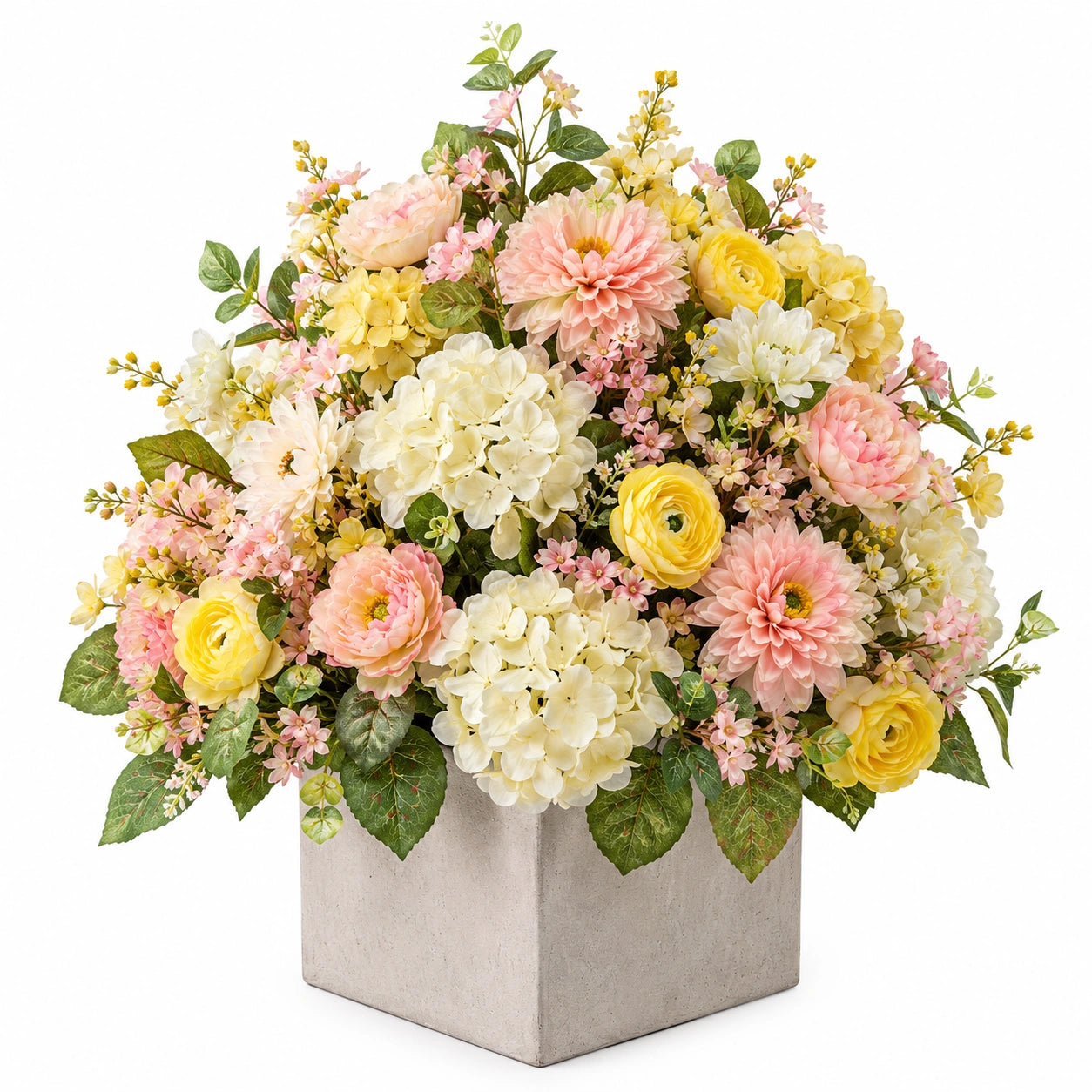 Composition florale artificielle pastel en vase carré