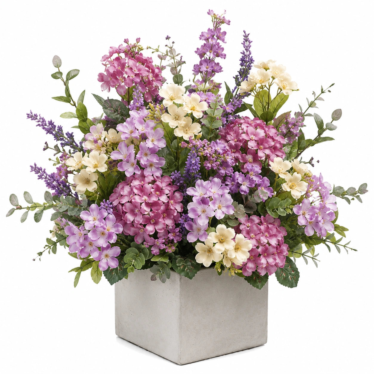 Arrangement floral artificiel en violet, rose et crème dans un pot carré