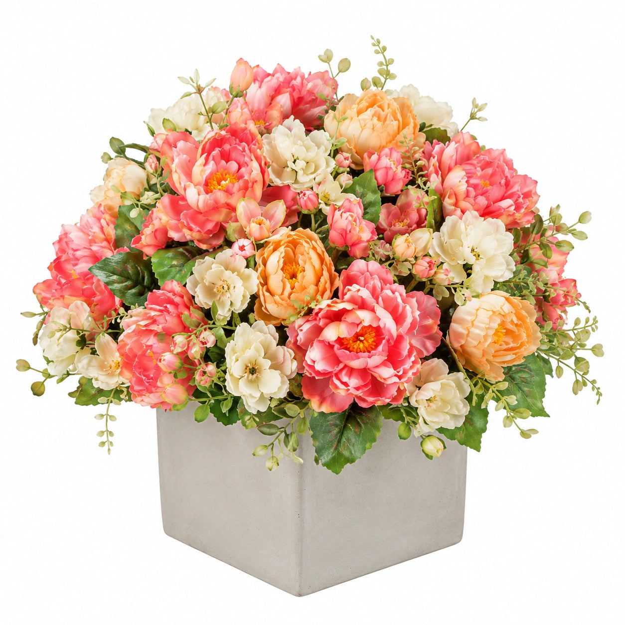 Arrangement floral artificiel de pivoines et roses dans pot gris carré