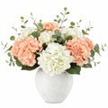 Arrangement d'hortensias artificiels pêche et blanc en pot