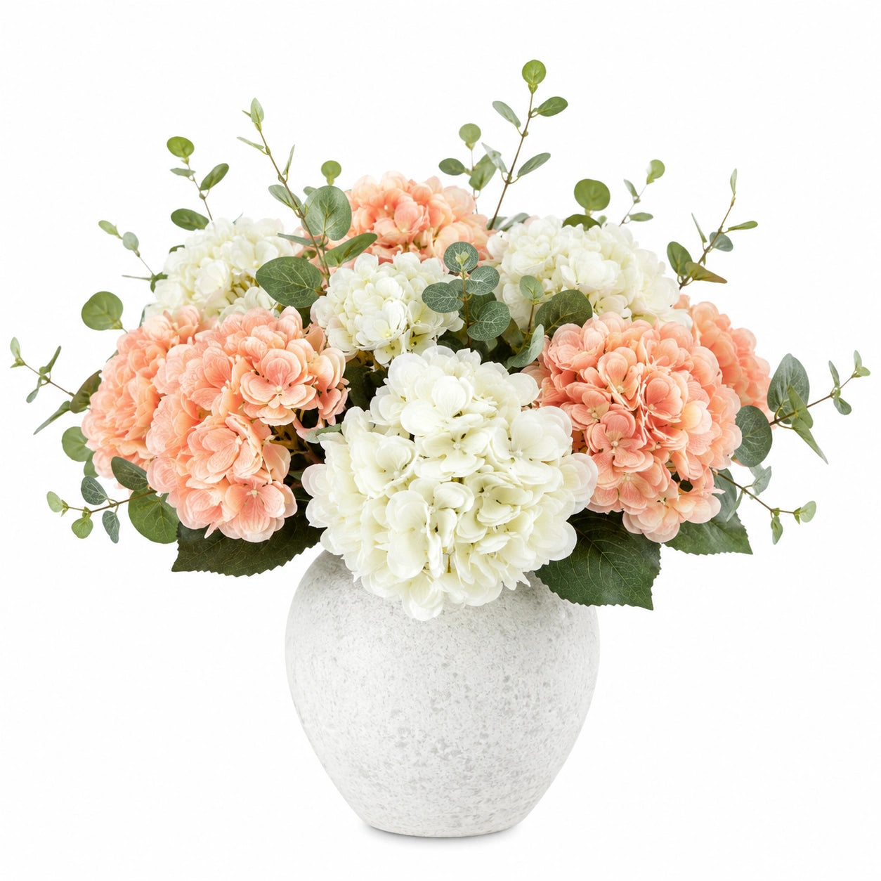 Arrangement d'hortensias artificiels pêche et blanc en pot