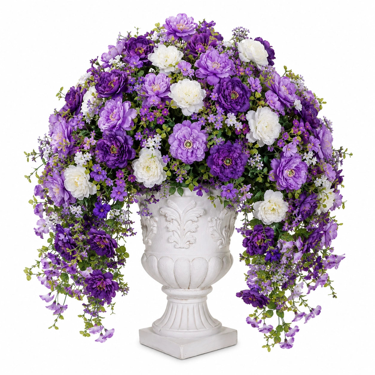 Composition florale artificielle violette et blanche avec vase décoratif