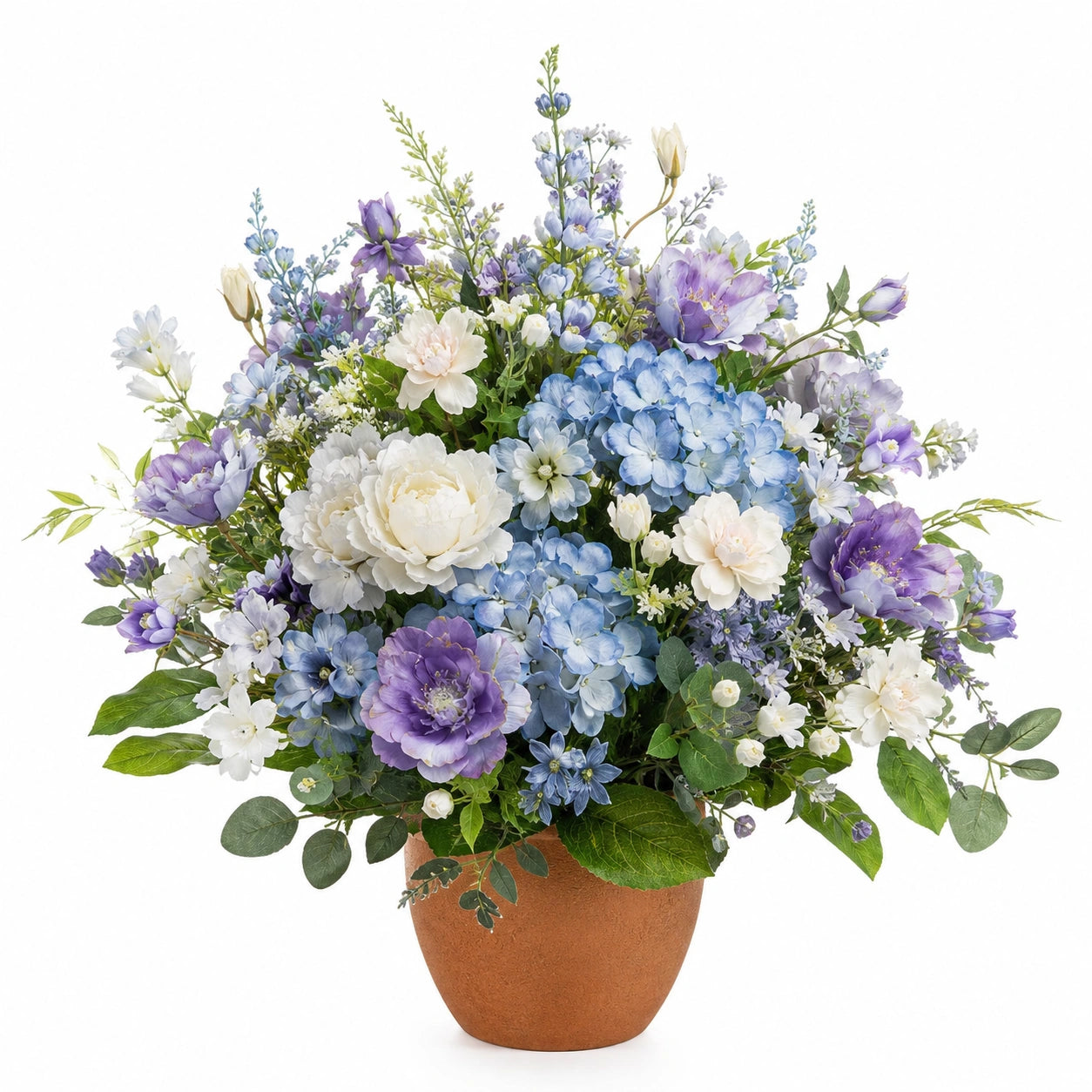 Arrangement floral artificiel en pot bleu, blanc et violet