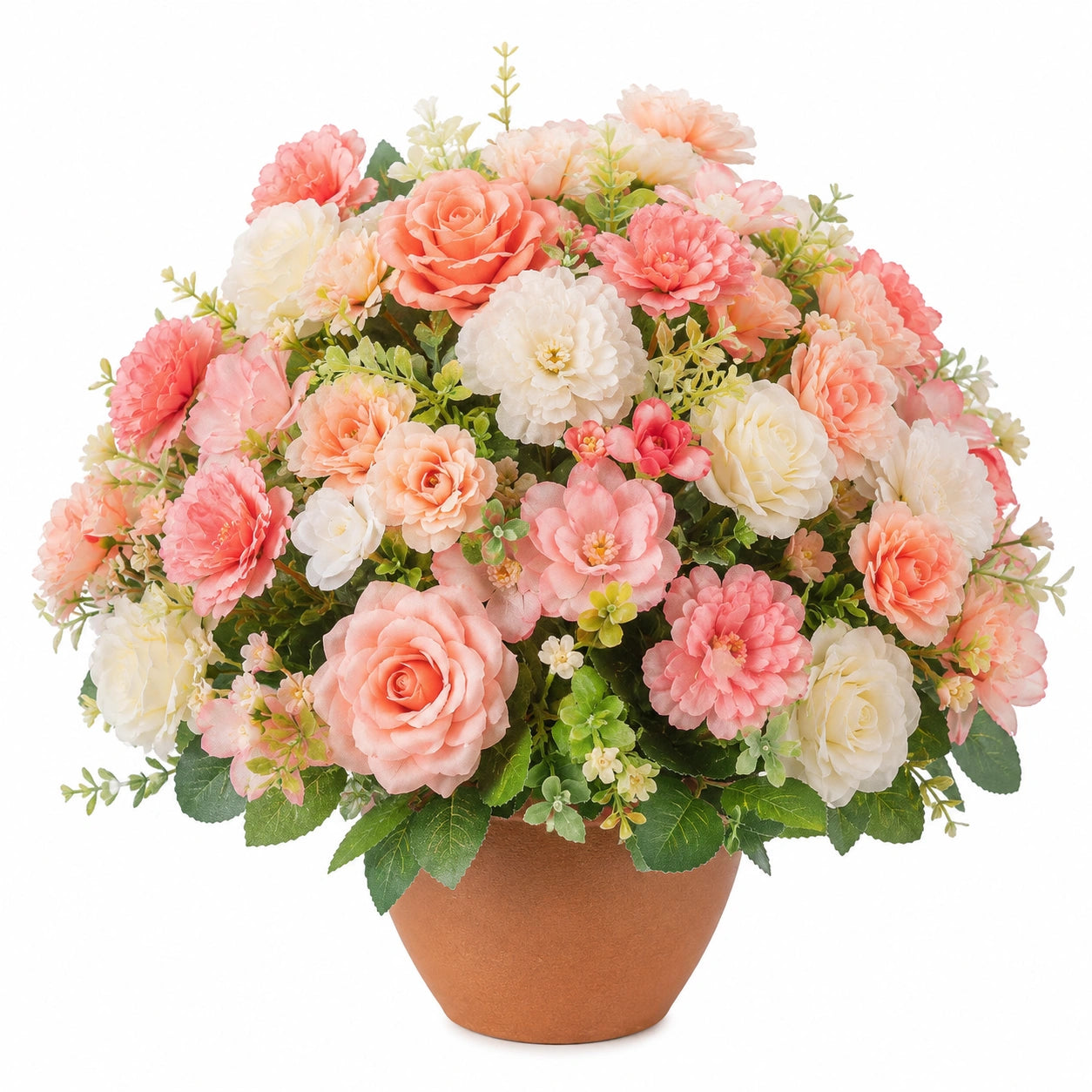 Arrangement de fleurs artificielles en pot de couleur pêche et blanc