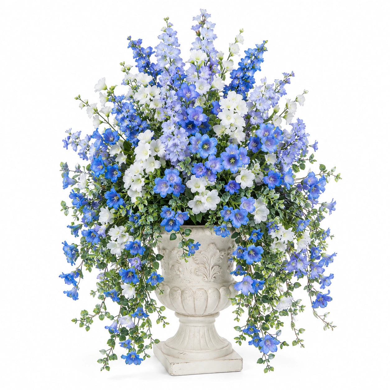 Arrangement Floral Artificiel Bleu et Blanc avec Pot en Résine