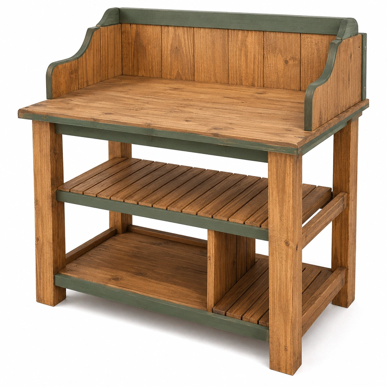 Table de rempotage en bois brun et vert avec étagères