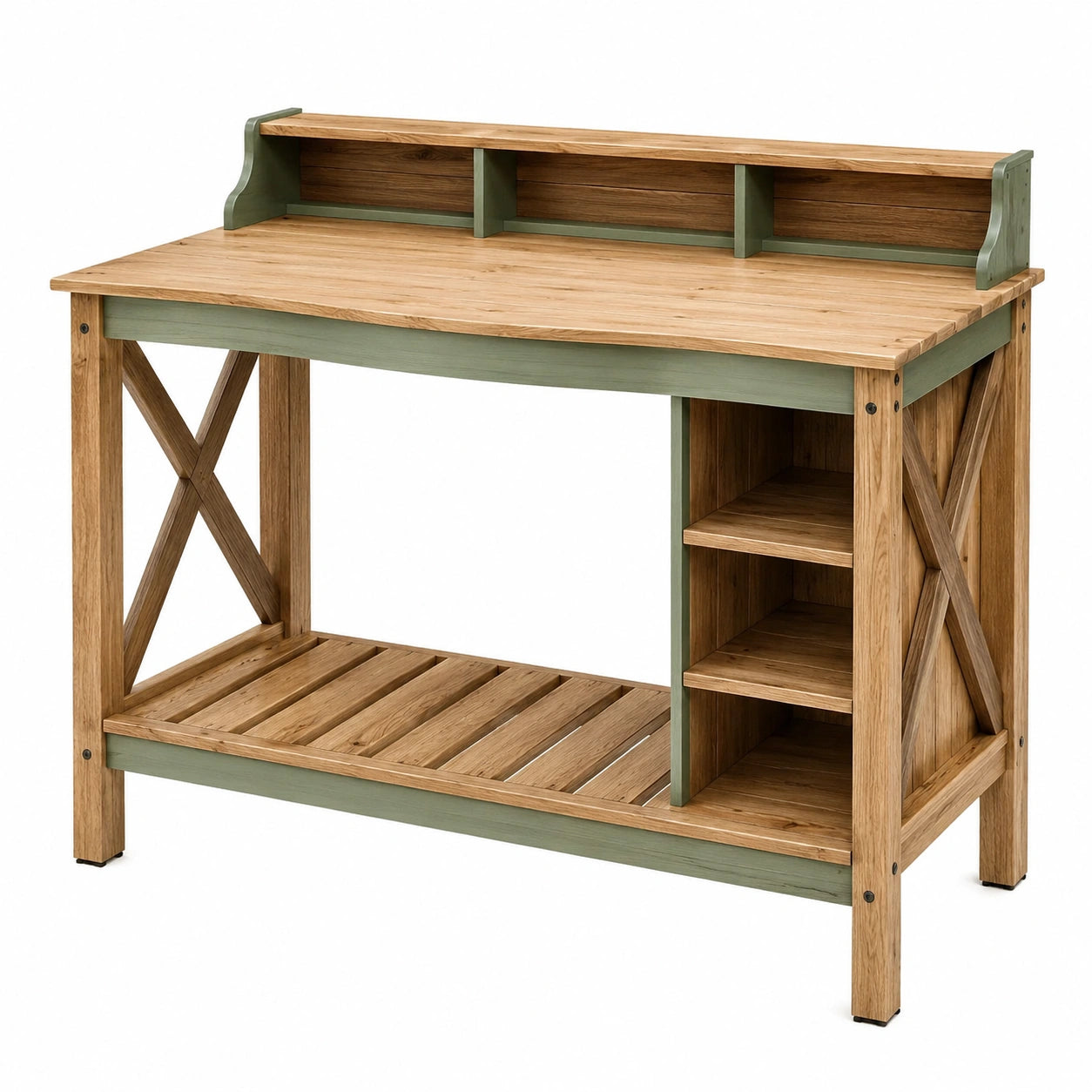 Table de jardinage en bois avec étagères latérales et supérieures