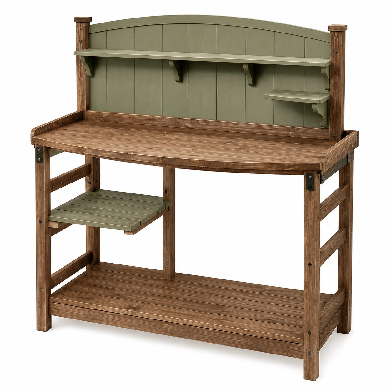 Table de rempotage en bois avec étagères couleur brun et vert