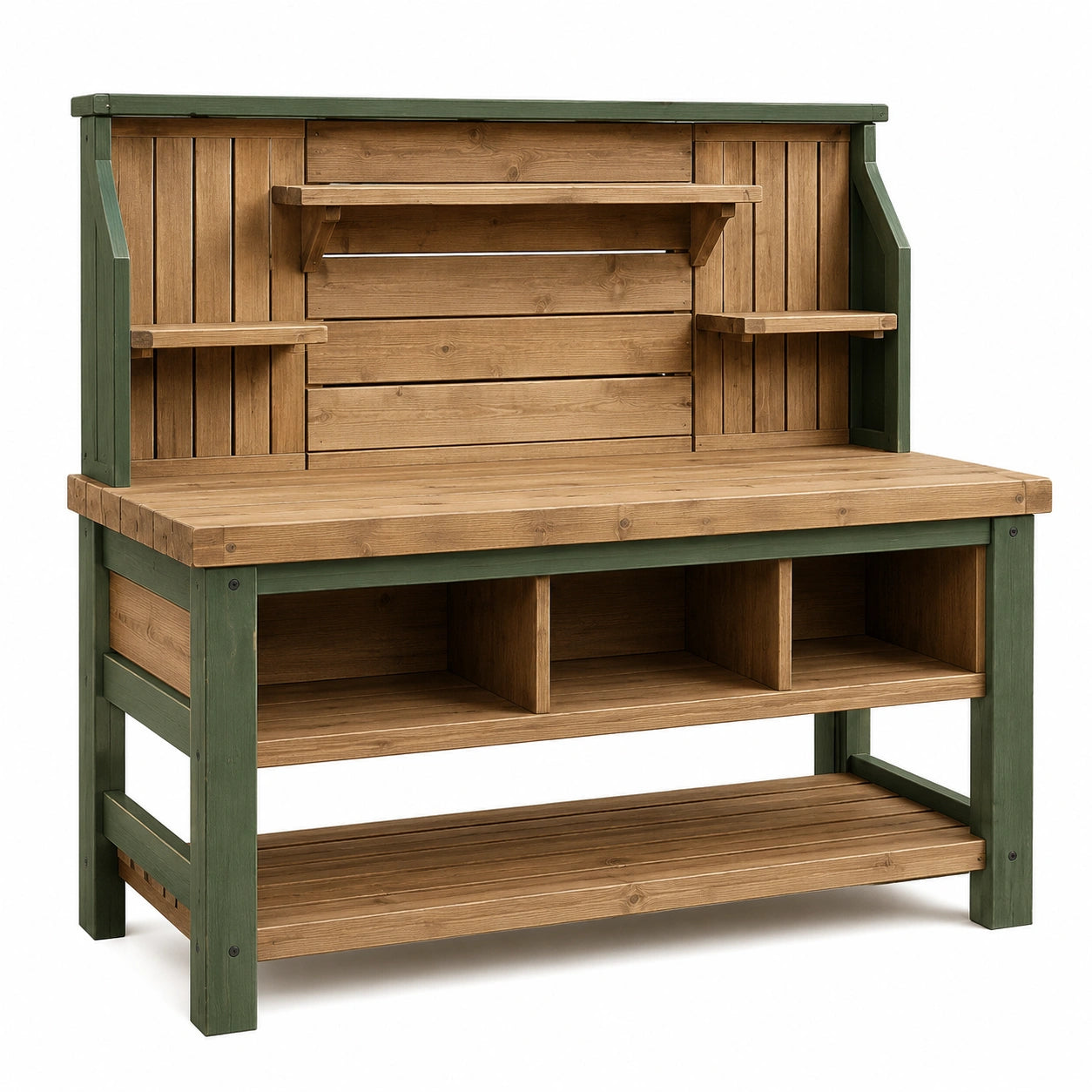 Établi de jardin en bois avec étagères marron/vert