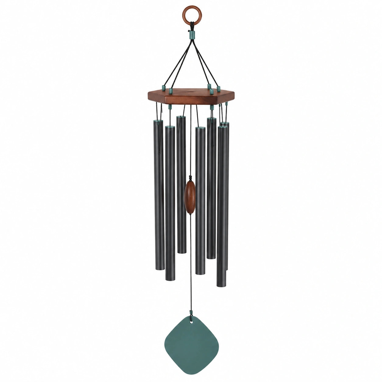 Carillon éolien extérieur 6 tubes noir et bois avec design hexagonal