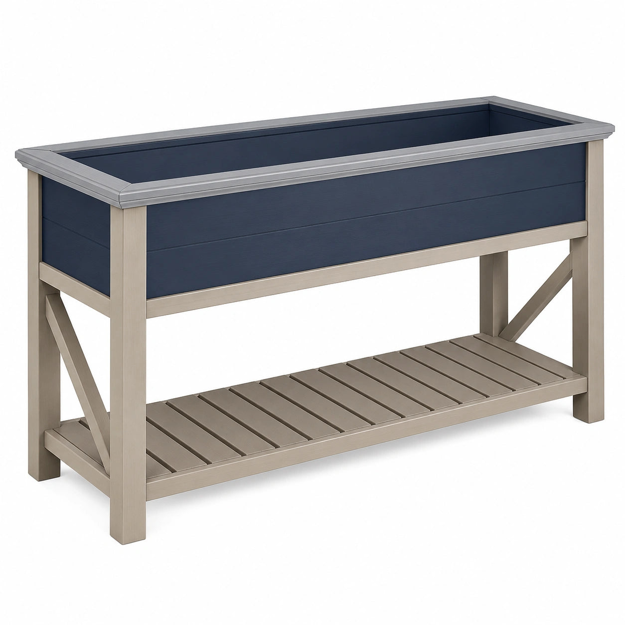 Jardinière surélevée rectangulaire bleu marine et gris avec étagère