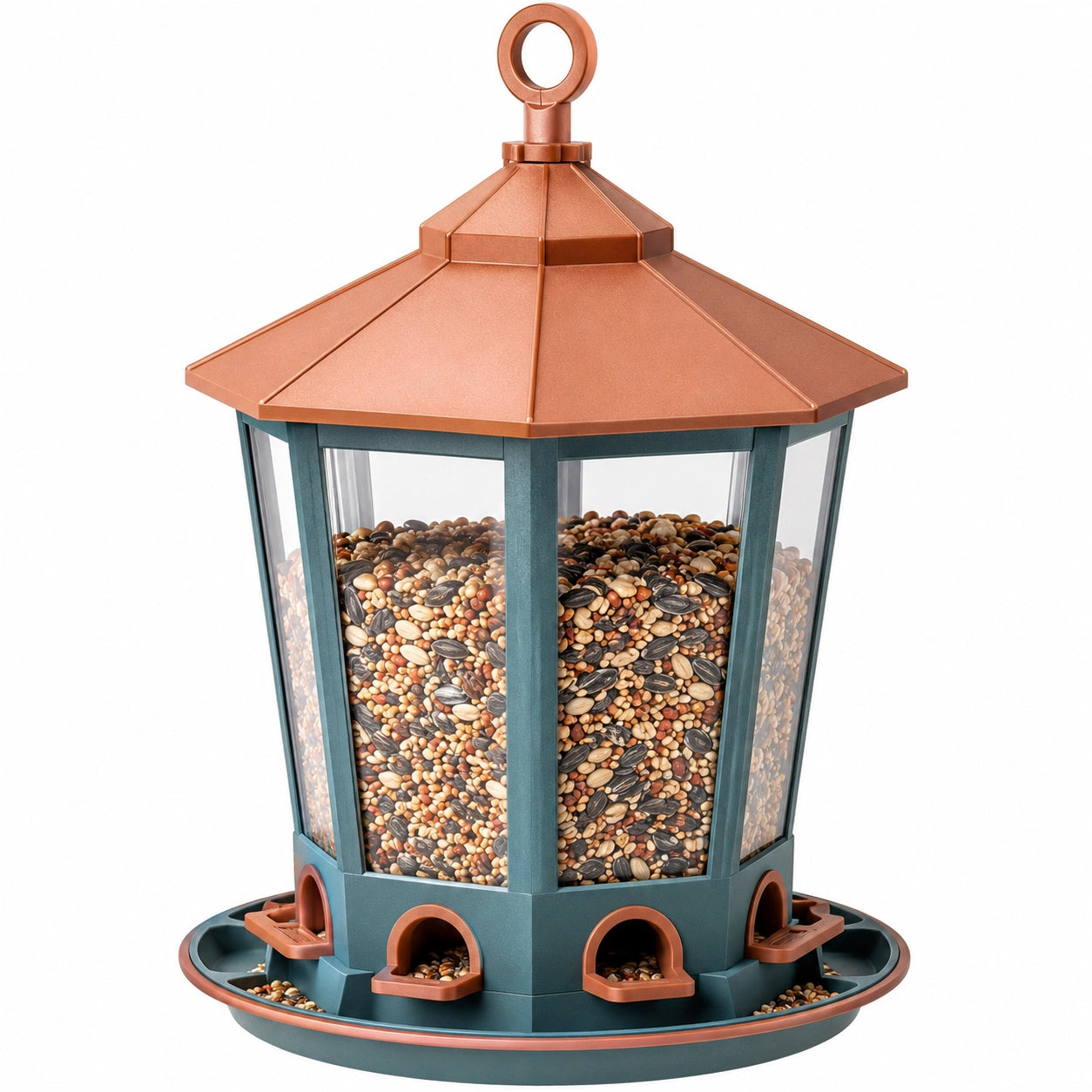 Mangeoire à oiseaux suspendue cuivre et bleu pour jardin